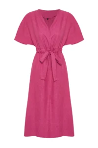 TRENDYOLMİLLA Fuchsia Binding Detailed A Cut V-neck Midi Weaving Dress - Image 11