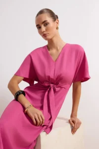 TRENDYOLMİLLA Fuchsia Binding Detailed A Cut V-neck Midi Weaving Dress - Image 2