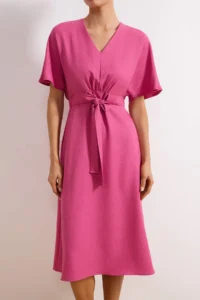 TRENDYOLMİLLA Fuchsia Binding Detailed A Cut V-neck Midi Weaving Dress - Image 3