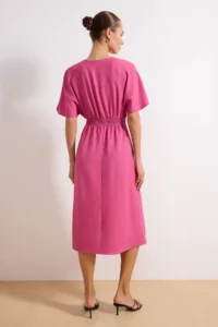 TRENDYOLMİLLA Fuchsia Binding Detailed A Cut V-neck Midi Weaving Dress - Image 4