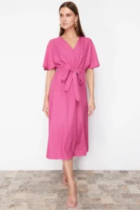 TRENDYOLMİLLA Fuchsia Binding Detailed A Cut V-neck Midi Weaving Dress - Image 6