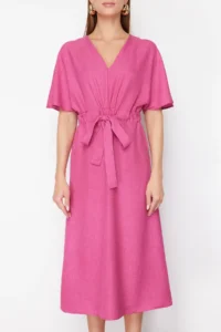 TRENDYOLMİLLA Fuchsia Binding Detailed A Cut V-neck Midi Weaving Dress - Image 8