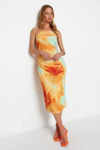 TRENDYOLMİLLA Orange Printed Fitted Midi One Shoulder Adjustable Sleeveless Knitting Pen Dress - Image 2