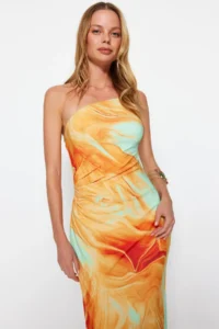 TRENDYOLMİLLA Orange Printed Fitted Midi One Shoulder Adjustable Sleeveless Knitting Pen Dress - Image 3