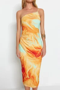 TRENDYOLMİLLA Orange Printed Fitted Midi One Shoulder Adjustable Sleeveless Knitting Pen Dress - Image 4