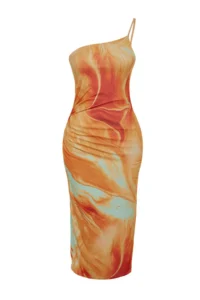 TRENDYOLMİLLA Orange Printed Fitted Midi One Shoulder Adjustable Sleeveless Knitting Pen Dress - Image 6