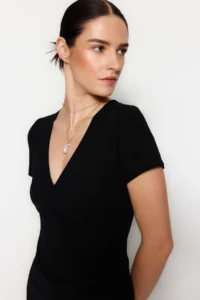 TRENDYOLMİLLA Black Double breasted Yaka A-line Crepe Mini smart Knitting Dress - Image 4