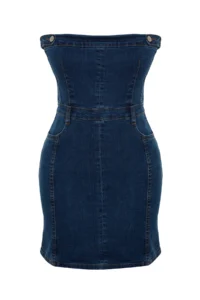 TRENDYOLMİLLA Mavi Button Detailed comfort/Flexible Strapless Mini denim Dress - Image 6