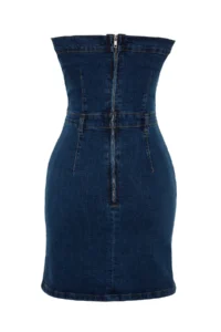 TRENDYOLMİLLA Mavi Button Detailed comfort/Flexible Strapless Mini denim Dress - Image 7