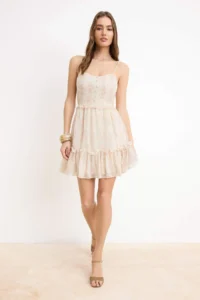 TRENDYOLMİLLA White flower patterned V-neck Mini Lined Siphon Weaving Dress
