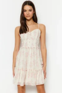 TRENDYOLMİLLA White flower patterned V-neck Mini Lined Siphon Weaving Dress - Image 6