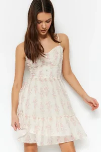 TRENDYOLMİLLA White flower patterned V-neck Mini Lined Siphon Weaving Dress - Image 9