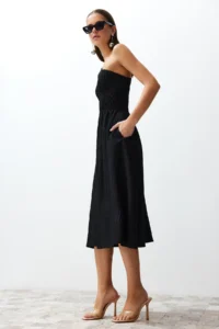 TRENDYOLMİLLA Black Waist Top Size Gipelli One Shoulder Midi Weaving Dress - Image 2