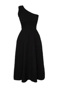 TRENDYOLMİLLA Black Waist Top Size Gipelli One Shoulder Midi Weaving Dress - Image 7