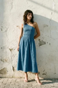 TRENDYOLMİLLA Saks Blue Waist Top Size Gipelli One Shoulder Midi Weaving Dress