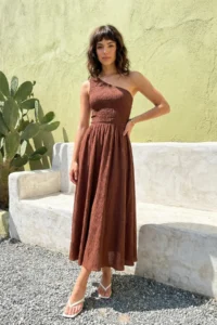 TRENDYOLMİLLA Brown Waist Top Size Gipelli One Shoulder Midi Weaving Dress