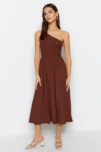 TRENDYOLMİLLA Brown Waist Top Size Gipelli One Shoulder Midi Weaving Dress - Image 2