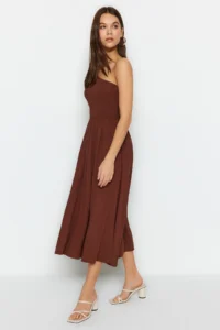 TRENDYOLMİLLA Brown Waist Top Size Gipelli One Shoulder Midi Weaving Dress - Image 3