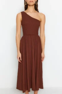 TRENDYOLMİLLA Brown Waist Top Size Gipelli One Shoulder Midi Weaving Dress - Image 4