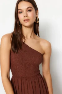TRENDYOLMİLLA Brown Waist Top Size Gipelli One Shoulder Midi Weaving Dress - Image 5