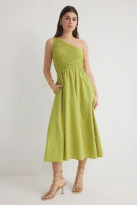 TRENDYOLMİLLA Oil Green Skirt Opened at Waist Gipelli Midi Weaving Dress - Image 2