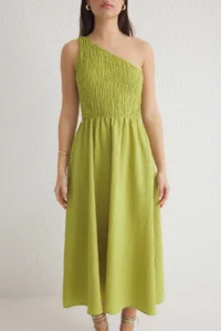 TRENDYOLMİLLA Oil Green Skirt Opened at Waist Gipelli Midi Weaving Dress - Image 4