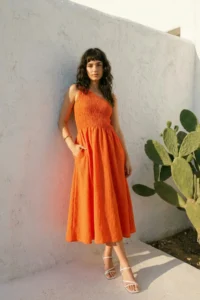 TRENDYOLMİLLA Orange Waist Opening Gipelli Single Arm Midi Weaving Dress