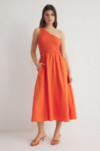TRENDYOLMİLLA Orange Waist Opening Gipelli Single Arm Midi Weaving Dress - Image 3