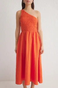 TRENDYOLMİLLA Orange Waist Opening Gipelli Single Arm Midi Weaving Dress - Image 5