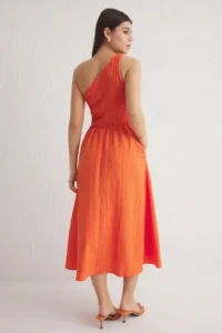 TRENDYOLMİLLA Orange Waist Opening Gipelli Single Arm Midi Weaving Dress - Image 7