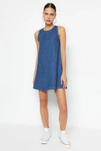 TRENDYOLMİLLA Dark Blue with flywheel Oversized Mini denim Dress