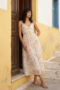 TRENDYOLMİLLA White flower patterned A-Cut Ruffle Detailed Lined Siphon Maxi Weaving Dress