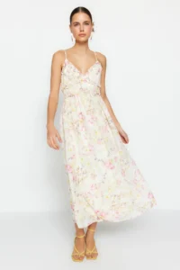 TRENDYOLMİLLA White flower patterned A-Cut Ruffle Detailed Lined Siphon Maxi Weaving Dress - Image 2