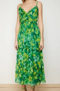 TRENDYOLMİLLA Green flower patterned A-Cut Ruffle Detailed Lined Siphon Maxi Weaving Dress - Image 4