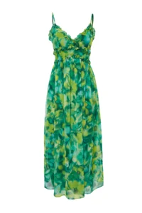 TRENDYOLMİLLA Green flower patterned A-Cut Ruffle Detailed Lined Siphon Maxi Weaving Dress - Image 7