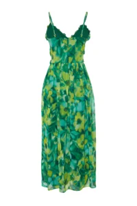 TRENDYOLMİLLA Green flower patterned A-Cut Ruffle Detailed Lined Siphon Maxi Weaving Dress - Image 8