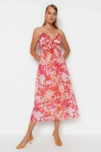 TRENDYOLMİLLA Multicolored flower patterned A-Cut Ruffle Detailed Lined Siphon Maxi Weaving Dress - Image 2