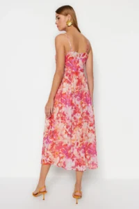 TRENDYOLMİLLA Multicolored flower patterned A-Cut Ruffle Detailed Lined Siphon Maxi Weaving Dress - Image 5