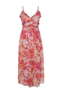 TRENDYOLMİLLA Multicolored flower patterned A-Cut Ruffle Detailed Lined Siphon Maxi Weaving Dress - Image 6