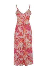 TRENDYOLMİLLA Multicolored flower patterned A-Cut Ruffle Detailed Lined Siphon Maxi Weaving Dress - Image 8