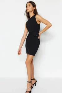 TRENDYOLMİLLA Black Arched Bodysuit hugging Pocket Detail Mini Weaving Dress - Image 2