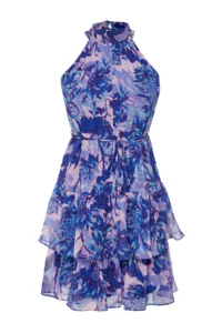 TRENDYOLMİLLA Mavi flower patterned A-Cut Layered Lined Siphon Flight Flight Weaving Mini Dress - Image 11