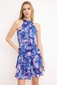 TRENDYOLMİLLA Mavi flower patterned A-Cut Layered Lined Siphon Flight Flight Weaving Mini Dress - Image 2
