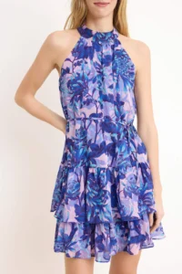 TRENDYOLMİLLA Mavi flower patterned A-Cut Layered Lined Siphon Flight Flight Weaving Mini Dress - Image 3