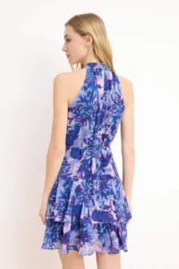 TRENDYOLMİLLA Mavi flower patterned A-Cut Layered Lined Siphon Flight Flight Weaving Mini Dress - Image 4