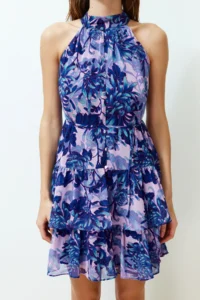 TRENDYOLMİLLA Mavi flower patterned A-Cut Layered Lined Siphon Flight Flight Weaving Mini Dress - Image 8