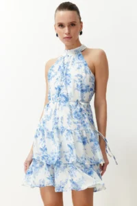 TRENDYOLMİLLA White flower patterned A-Cut Boho Layered Lined Siphon Flight Flight Weaving Mini Dress - Image 3