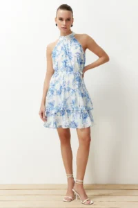 TRENDYOLMİLLA White flower patterned A-Cut Boho Layered Lined Siphon Flight Flight Weaving Mini Dress - Image 4