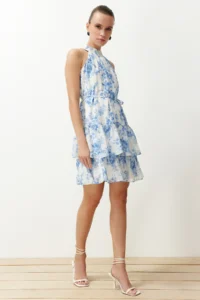 TRENDYOLMİLLA White flower patterned A-Cut Boho Layered Lined Siphon Flight Flight Weaving Mini Dress - Image 5
