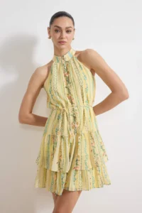 TRENDYOLMİLLA Yellow flower patterned A-Cut Boho Layered Lined Siphon Flight Flight Weaving Mini Dress - Image 2